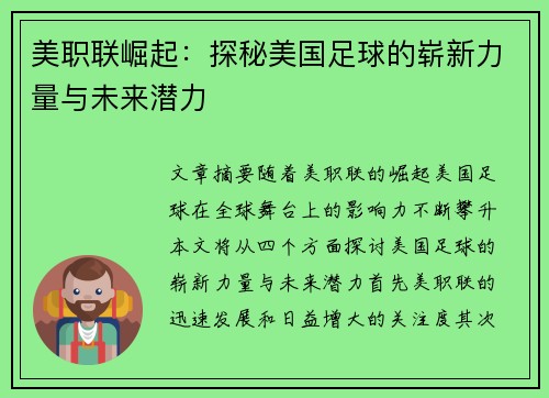 美职联崛起：探秘美国足球的崭新力量与未来潜力